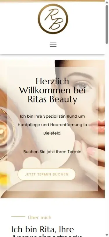 Smartphone-Ansicht der Ritas-Beauty-Website mit kompaktem Menü und Button zur Kontaktseite für die Terminvereinbarung.