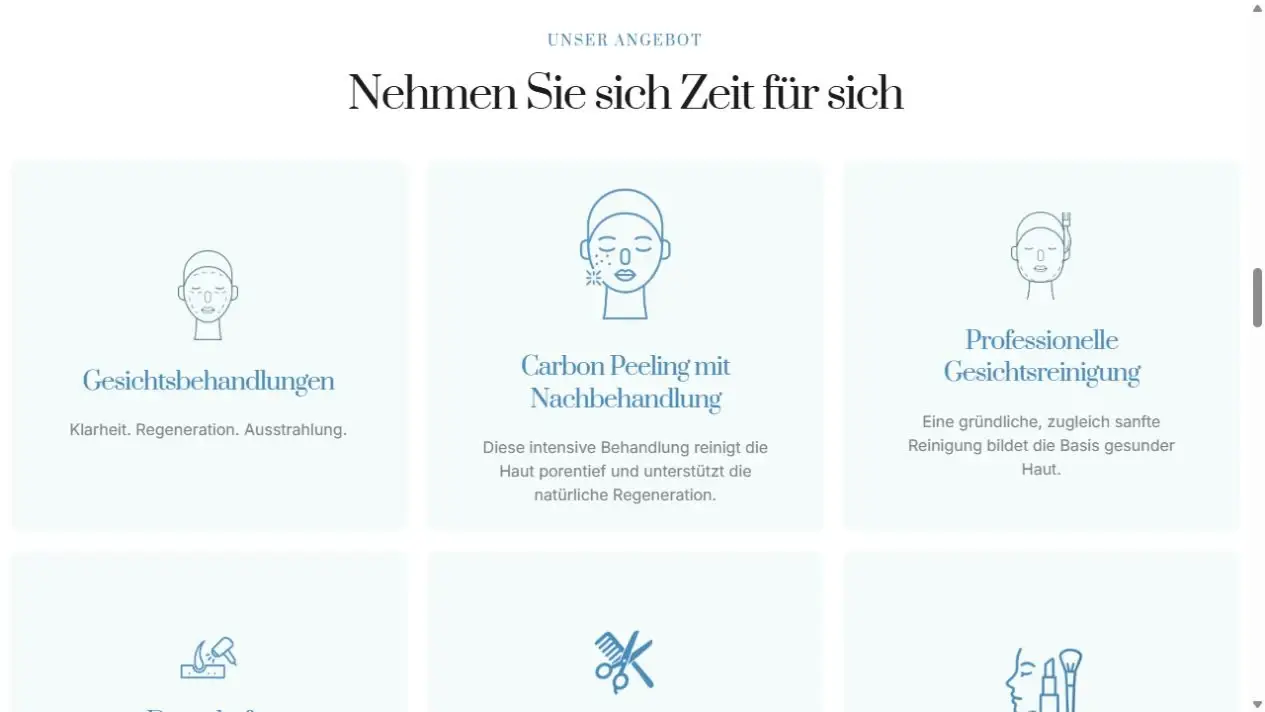 Übersicht der Gesichtsbehandlungen auf der Skin-&-Shine-Website mit Icons und kurzen Beschreibungen.