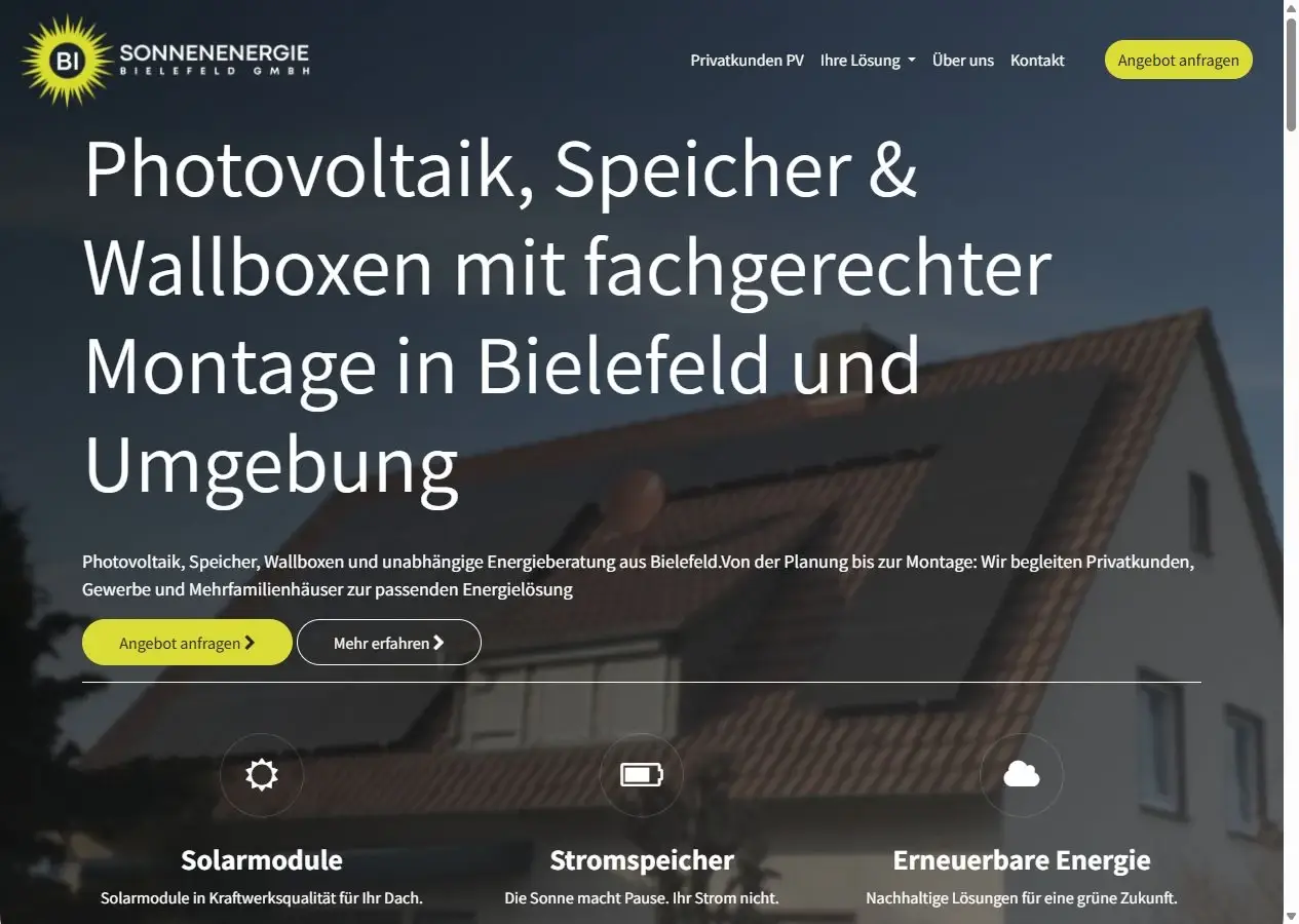 Desktopansicht der Website von Sonnenenergie Bielefeld.