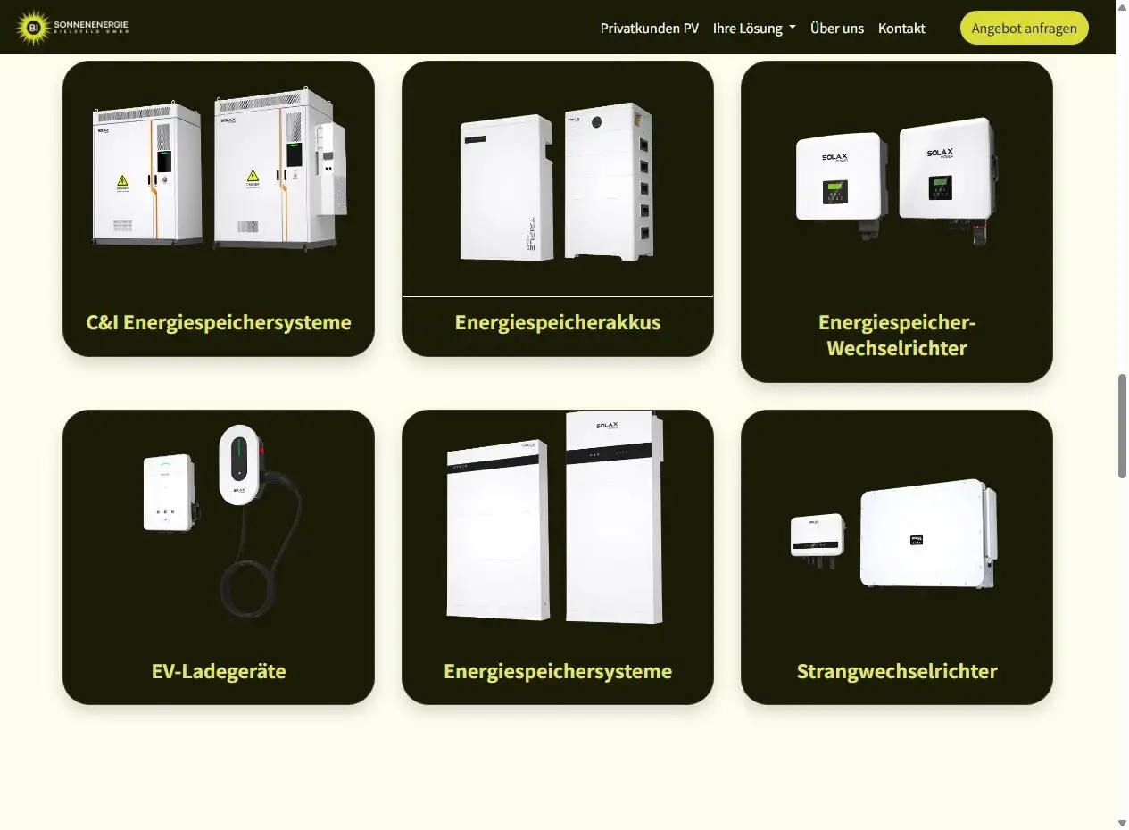 Produktübersicht mit Speichern, Wechselrichtern und Ladelösungen der Website von Sonnenenergie Bielefeld.