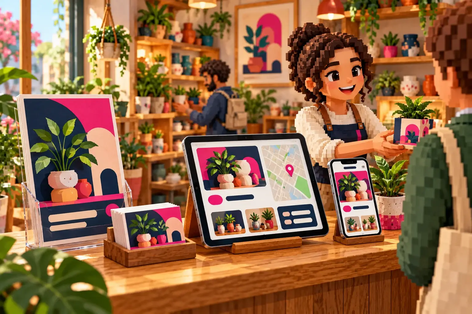 Voxel-Illustration eines Geschäfts: Website auf Tablet und Smartphone sowie passende Flyer und Visitenkarten auf dem Empfangstresen.
