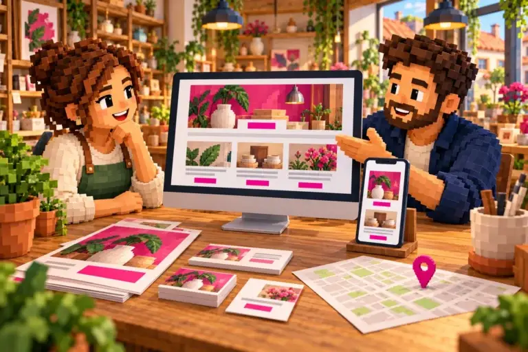 Voxel-Illustration: Unternehmerin und Webdesigner besprechen eine Website, daneben Smartphone, Flyer und Visitenkarten.