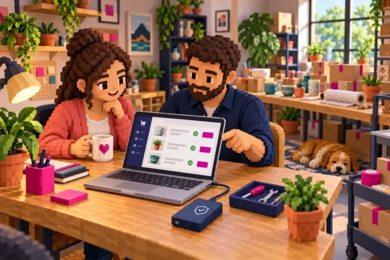 Illustration einer Shopbetreiberin und eines technischen Ansprechpartners am Laptop, mit Bestellübersicht und Packtisch