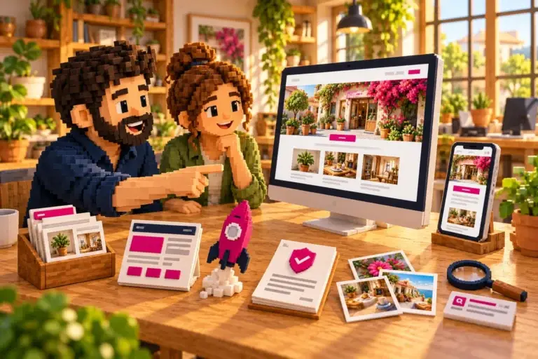 Pixelillustration: Webdesigner und Unternehmerin planen eine Website mit Werkzeugen für Gestaltung, Ladezeit, Inhalte und Sichtbarkeit.