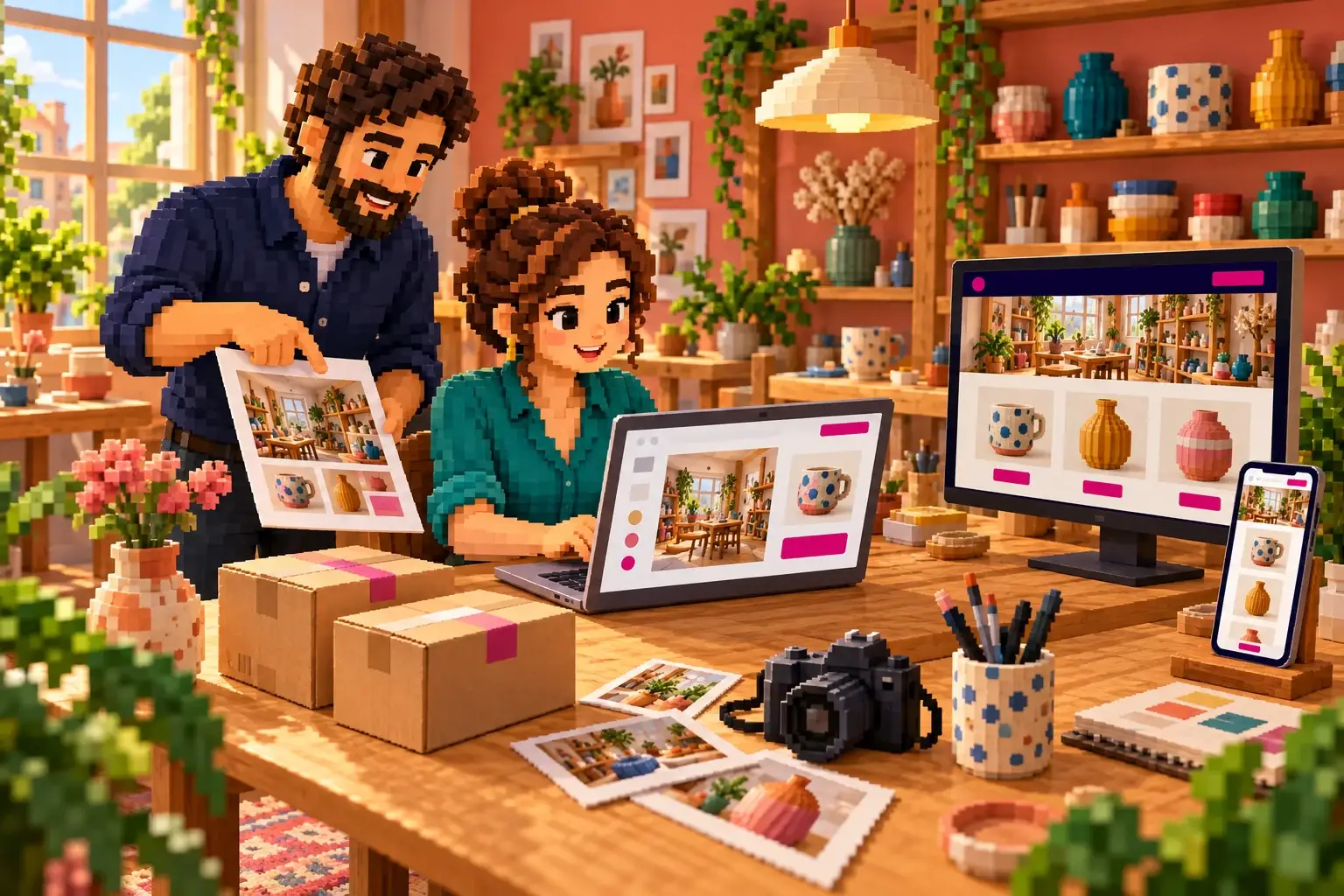 Pixelillustration: Eine Unternehmerin pflegt ihre Website und erweitert ihr Angebot um einen Onlineshop, unterstützt von einem Webdesigner.
